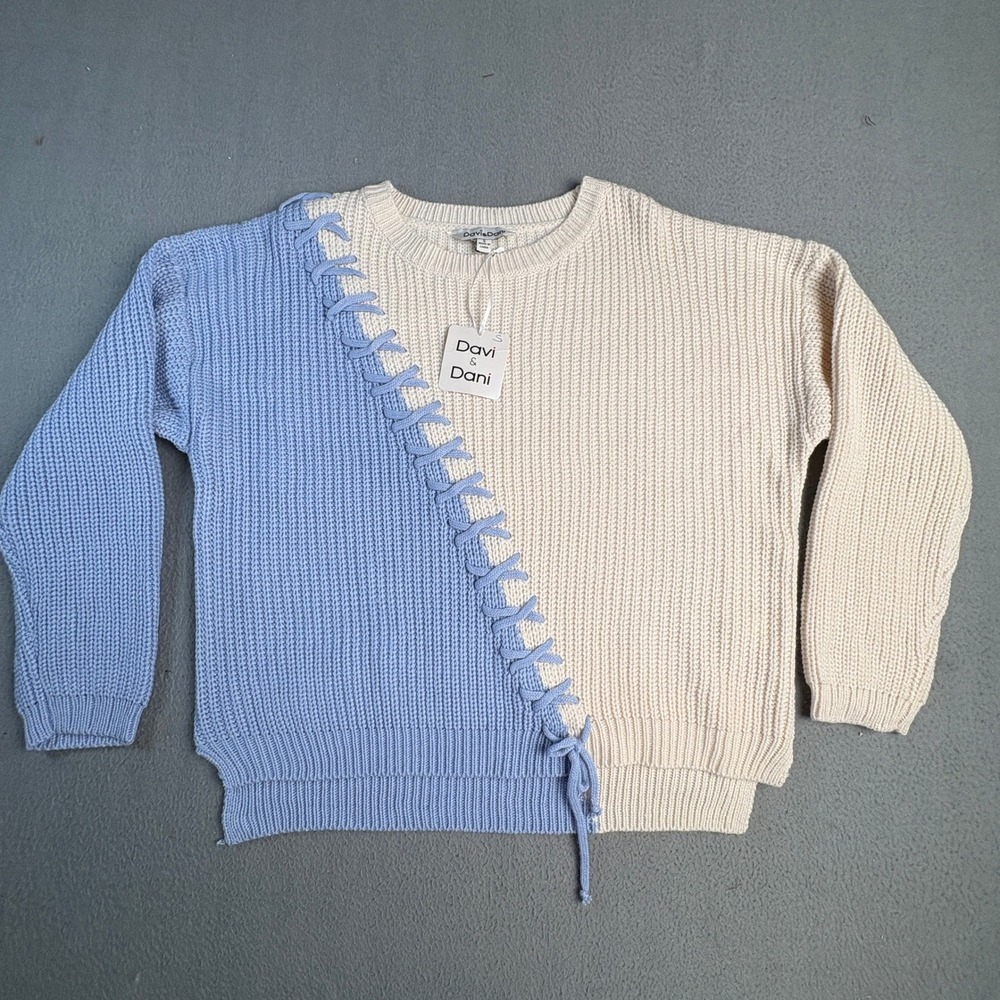 Davi & Dani Criss Cross Applesauce Colorblock Lace Up Sweater Blue Cream Small